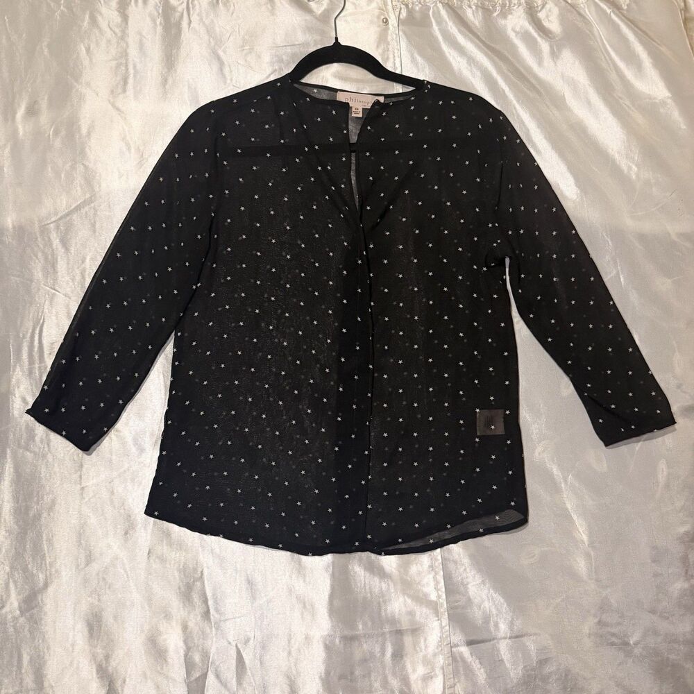 Philosophy Women’s Black W/ White Stars Sheer blouse Top 3/4 Sleeve size XS